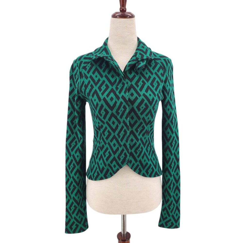 Diane Von Furstenberg Green and Black Geometric Knit Blazer
